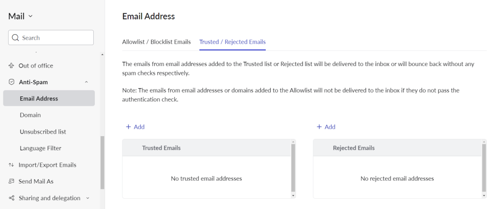 Email block list in Zoho Mail