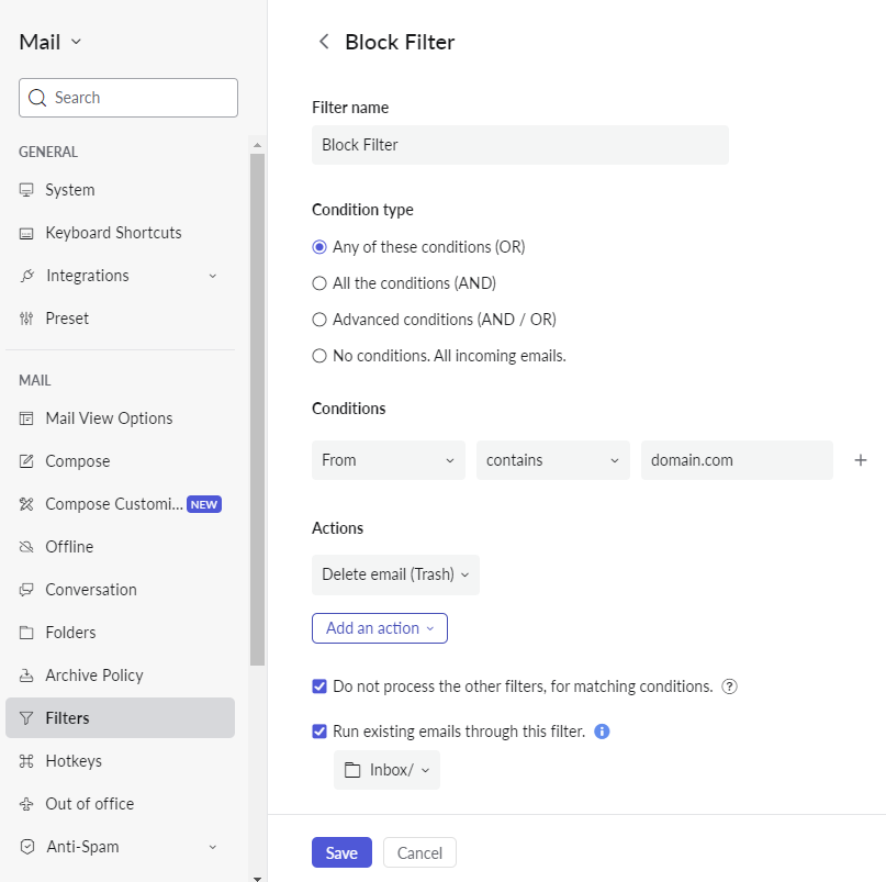 Setting up a new filter in Zoho Mail