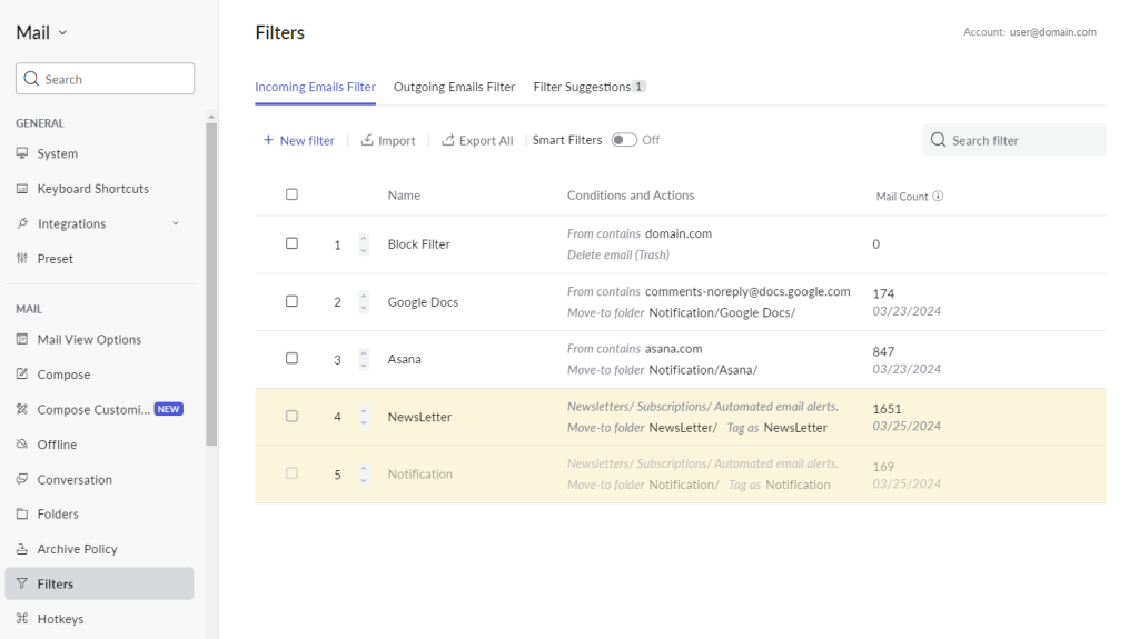 Filters section in Zoho Mail
