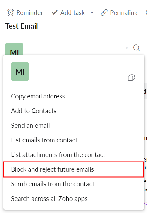 Zoho Mail email preview, highlighting the option to block an email
