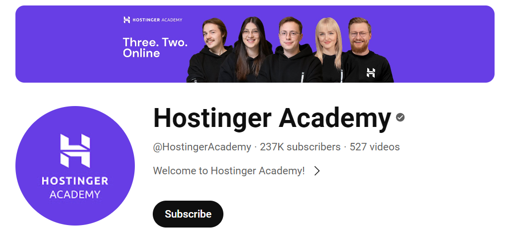 The Hostinger Academy YouTube channel page