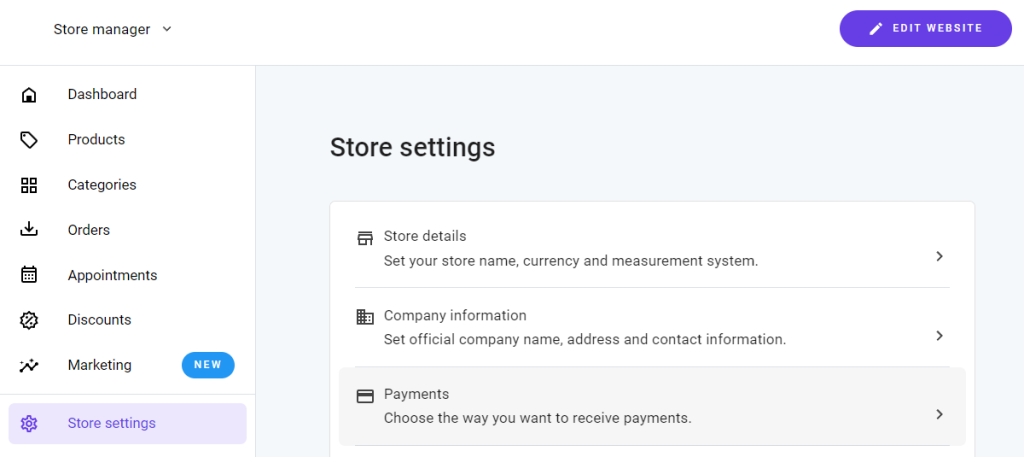 The Store settings panel with Payments highlighted on Hostinger Website Builder's Store manager