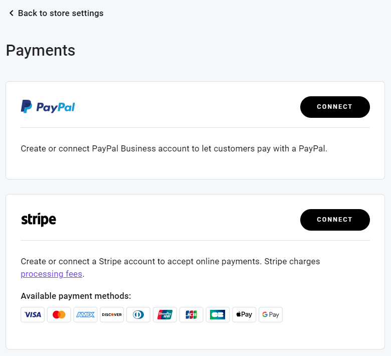 The PayPal and Stripe one-click connect features under the Store settings' Payments section